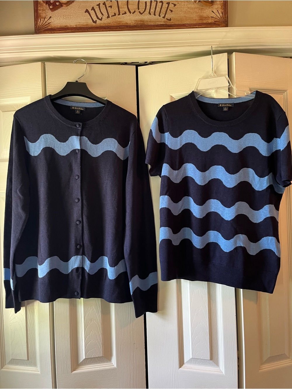 Brooks Brothers Navy Cardigan & Short-Sleeve Pullover w/Light Blue Wave Stripes